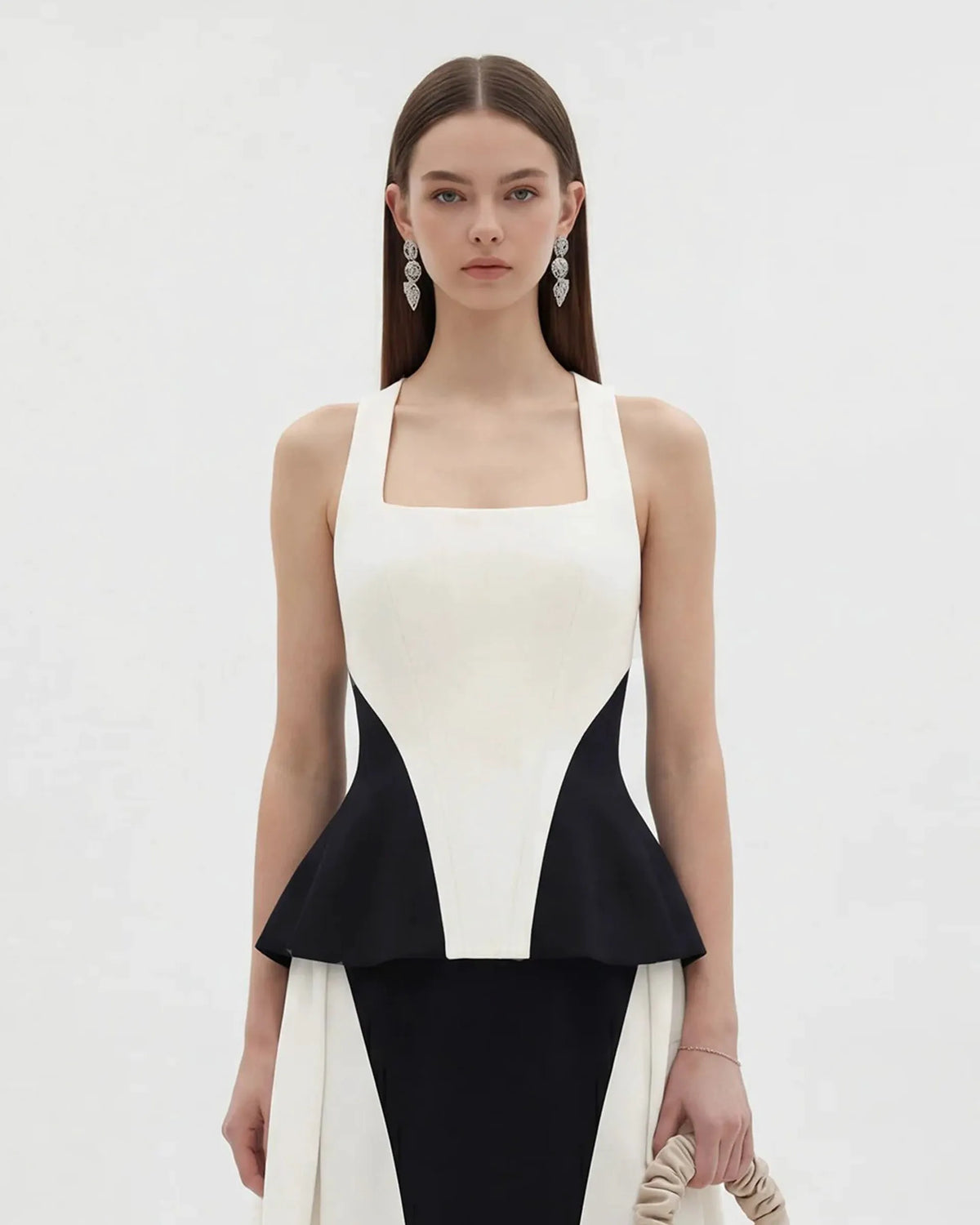 Monochrome Paneled Square-Neck Peplum Top - Black