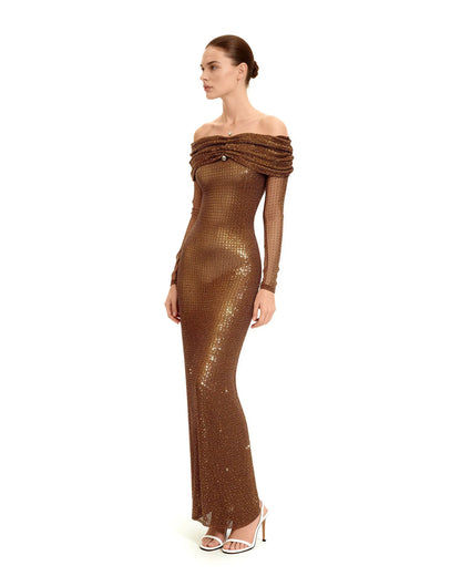 Rhinestone Mesh Off-Shoulder Maxi Dress - Brown