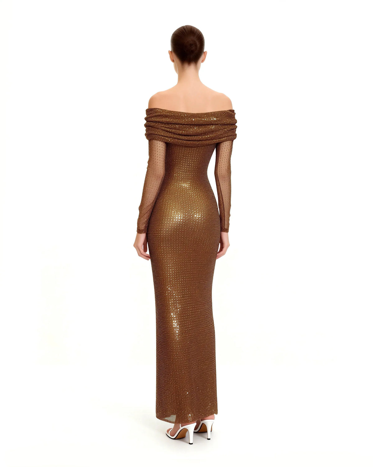 Rhinestone Mesh Off-Shoulder Maxi Dress - Brown