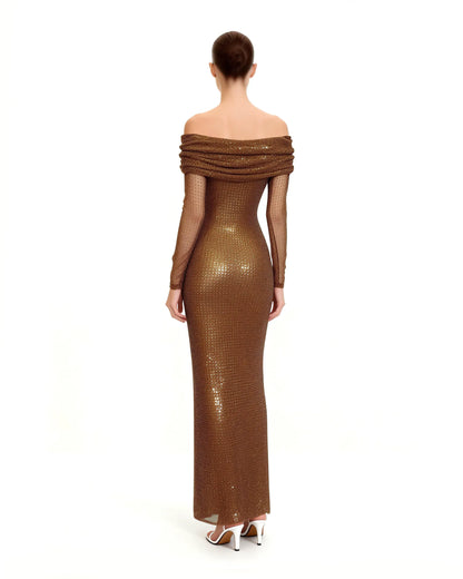 Rhinestone Mesh Off-Shoulder Maxi Dress - Brown