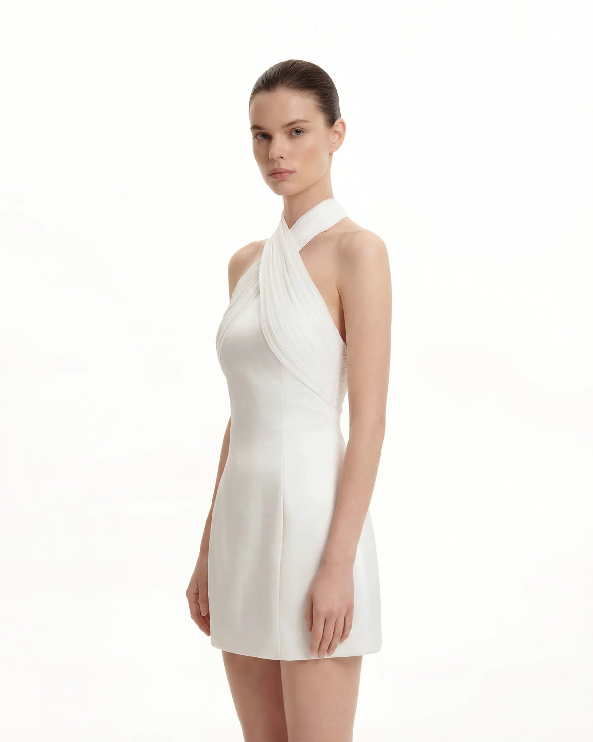 Satin Mini Dress with Tulle Cross-Halter - White