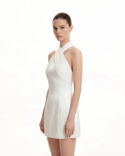 Satin Mini Dress with Tulle Cross-Halter - White