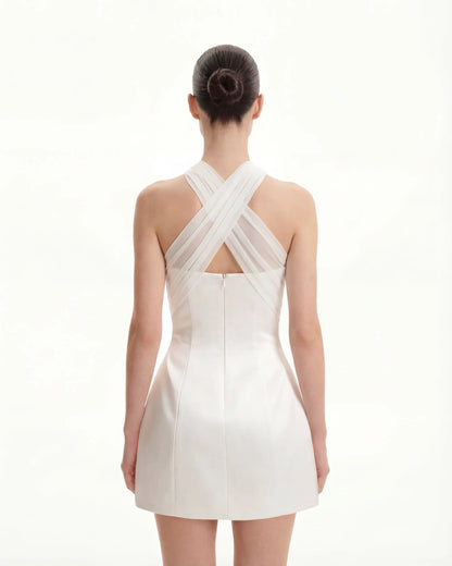 Satin Mini Dress with Tulle Cross-Halter - White