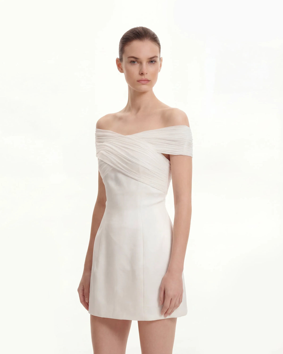 Satin Mini Dress with Tulle Cross-Halter - White