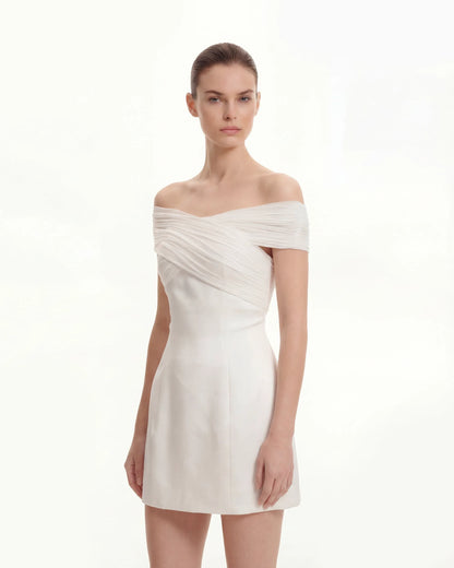 Satin Mini Dress with Tulle Cross-Halter - White