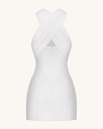 Satin Mini Dress with Tulle Cross-Halter - White