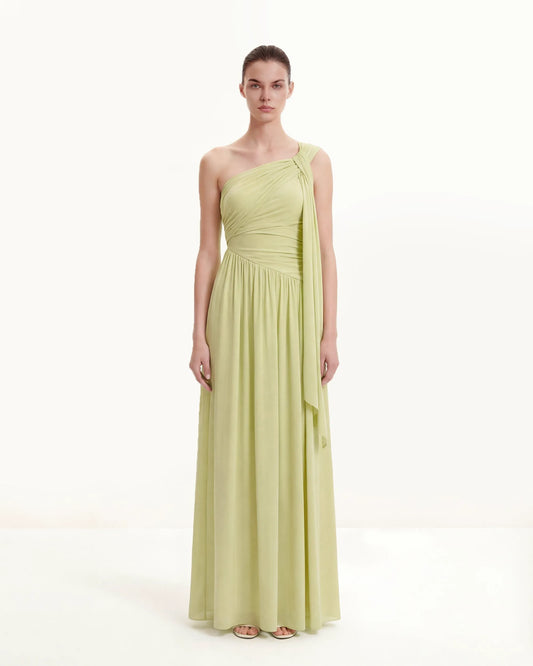 Ruched One-Shoulder Maxi Dress with Trailing Sash - Green