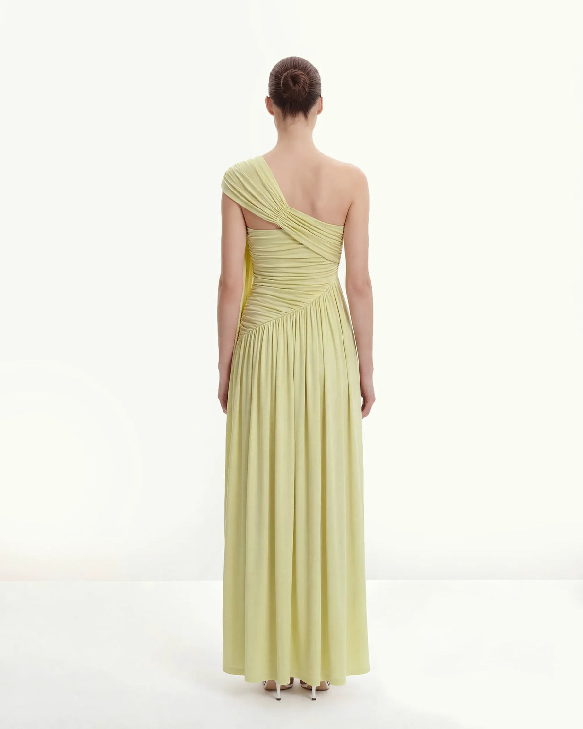 Ruched One-Shoulder Maxi Dress with Trailing Sash - Green
