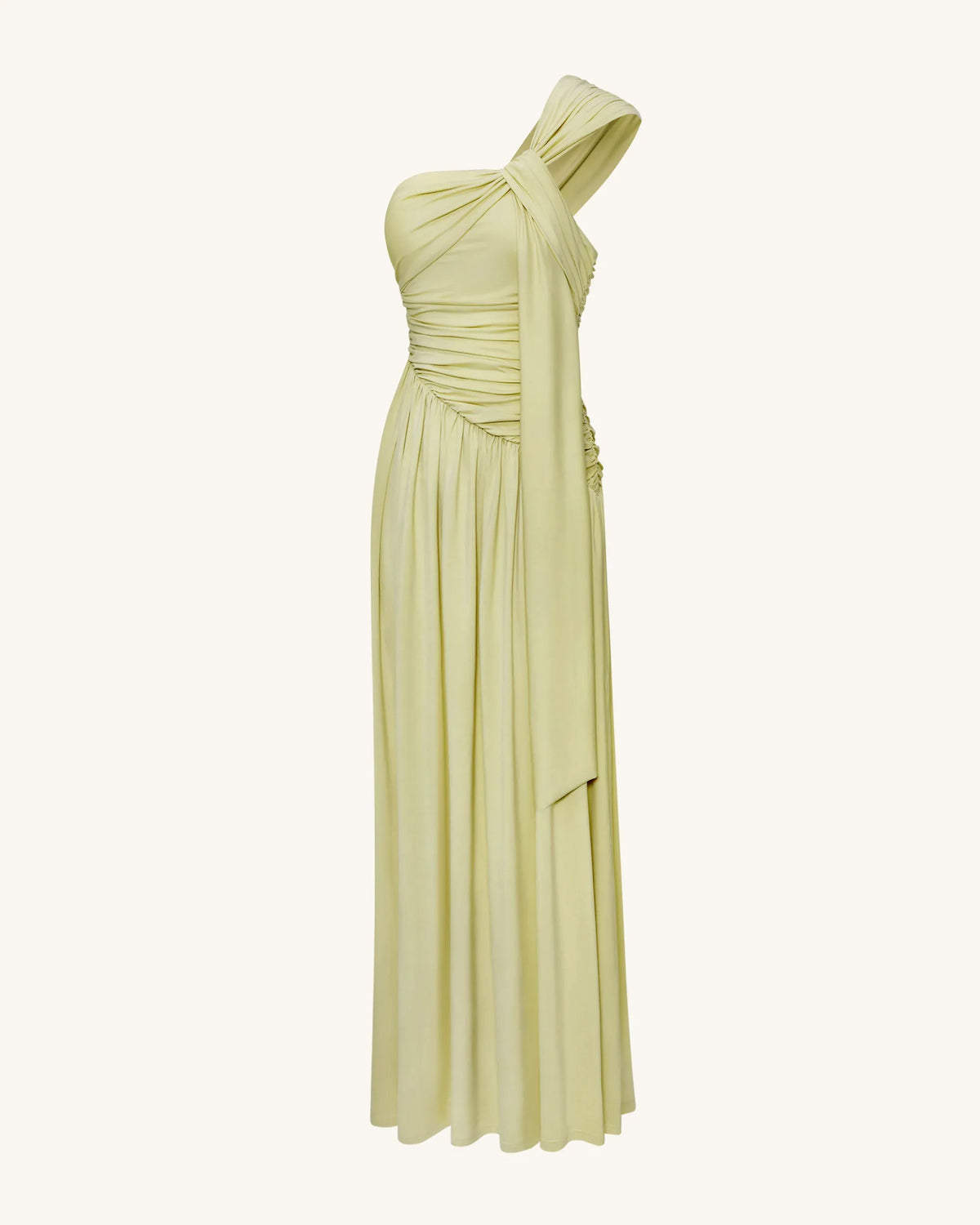 Ruched One-Shoulder Maxi Dress with Trailing Sash - Green