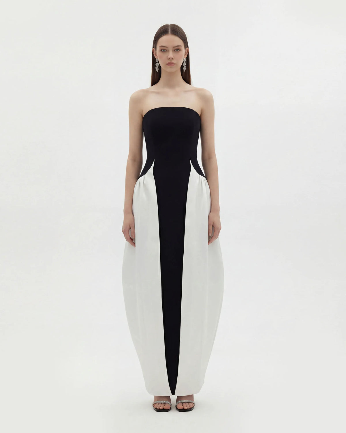 Monochrome Paneled Strapless Sculptural Maxi Dress - Black