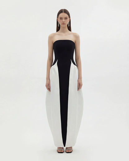 Monochrome Paneled Strapless Sculptural Maxi Dress - Black
