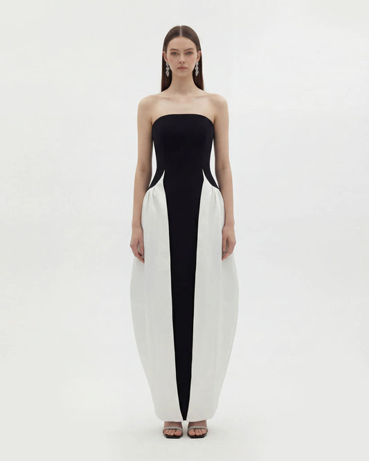 Monochrome Paneled Strapless Sculptural Maxi Dress - Black
