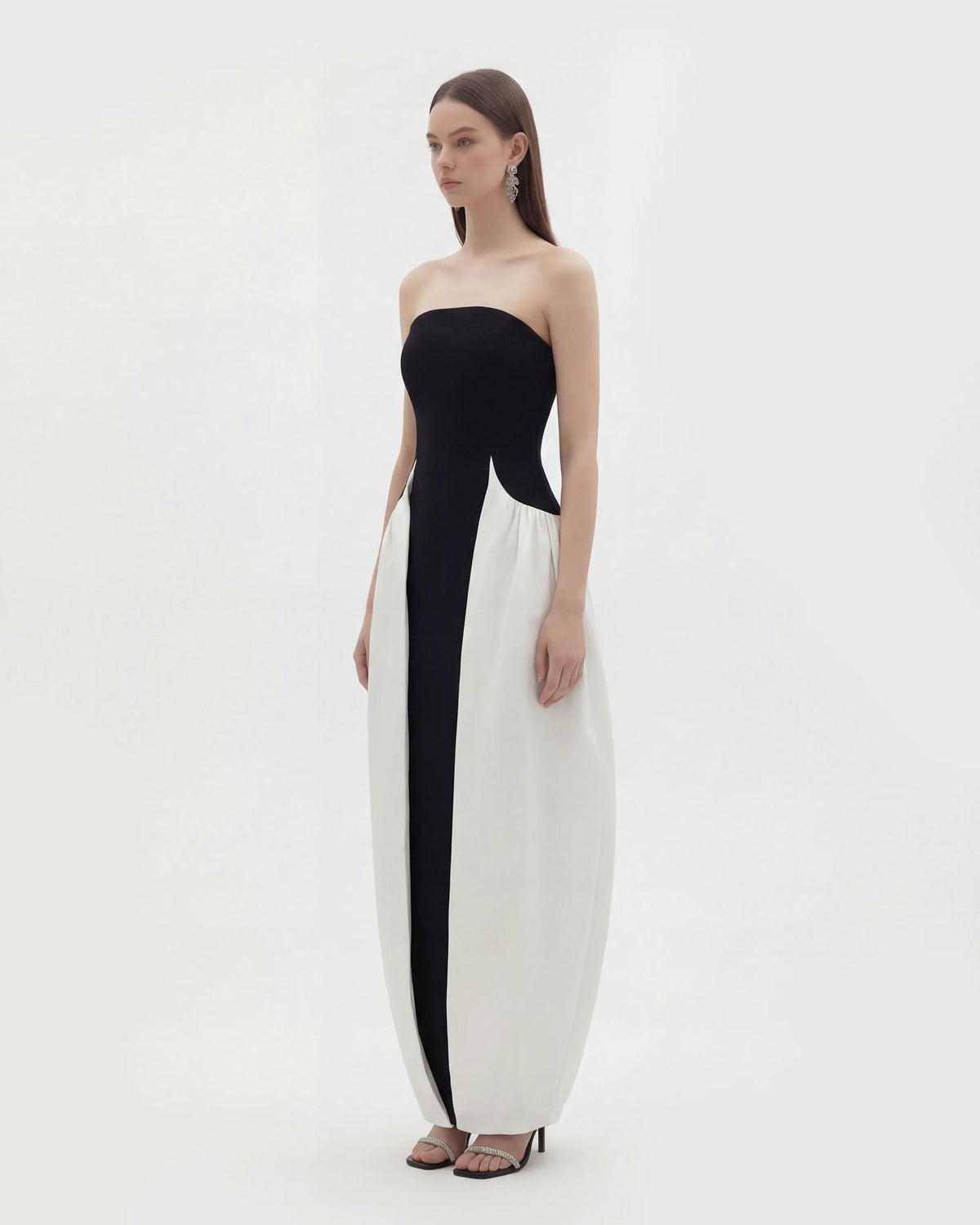 Monochrome Paneled Strapless Sculptural Maxi Dress - Black