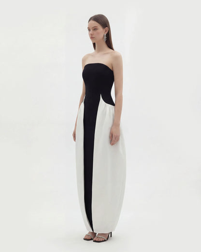 Monochrome Paneled Strapless Sculptural Maxi Dress - Black