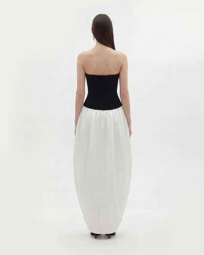 Monochrome Paneled Strapless Sculptural Maxi Dress - Black
