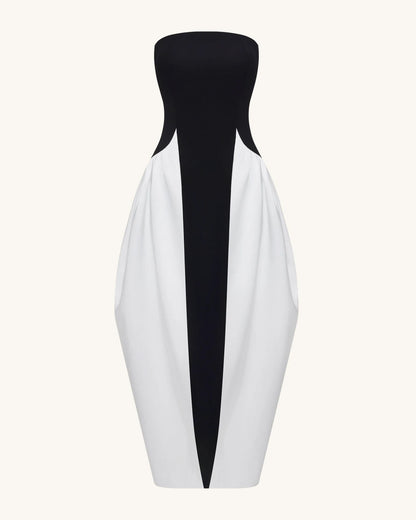 Monochrome Paneled Strapless Sculptural Maxi Dress - Black