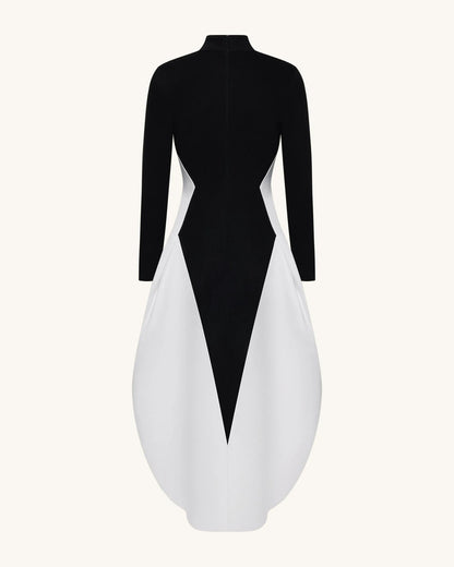 Monochrome Paneled Long-Sleeve Maxi Dress - Black