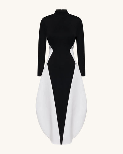 Monochrome Paneled Long-Sleeve Maxi Dress - Black
