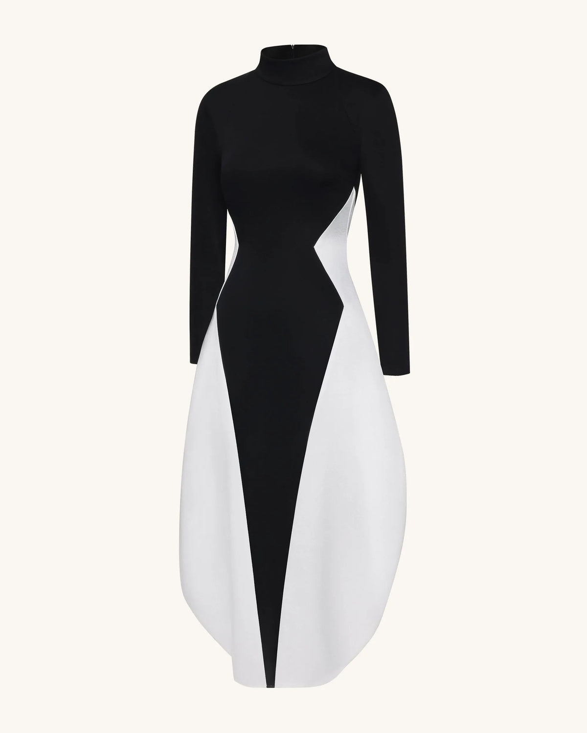 Monochrome Paneled Long-Sleeve Maxi Dress - Black
