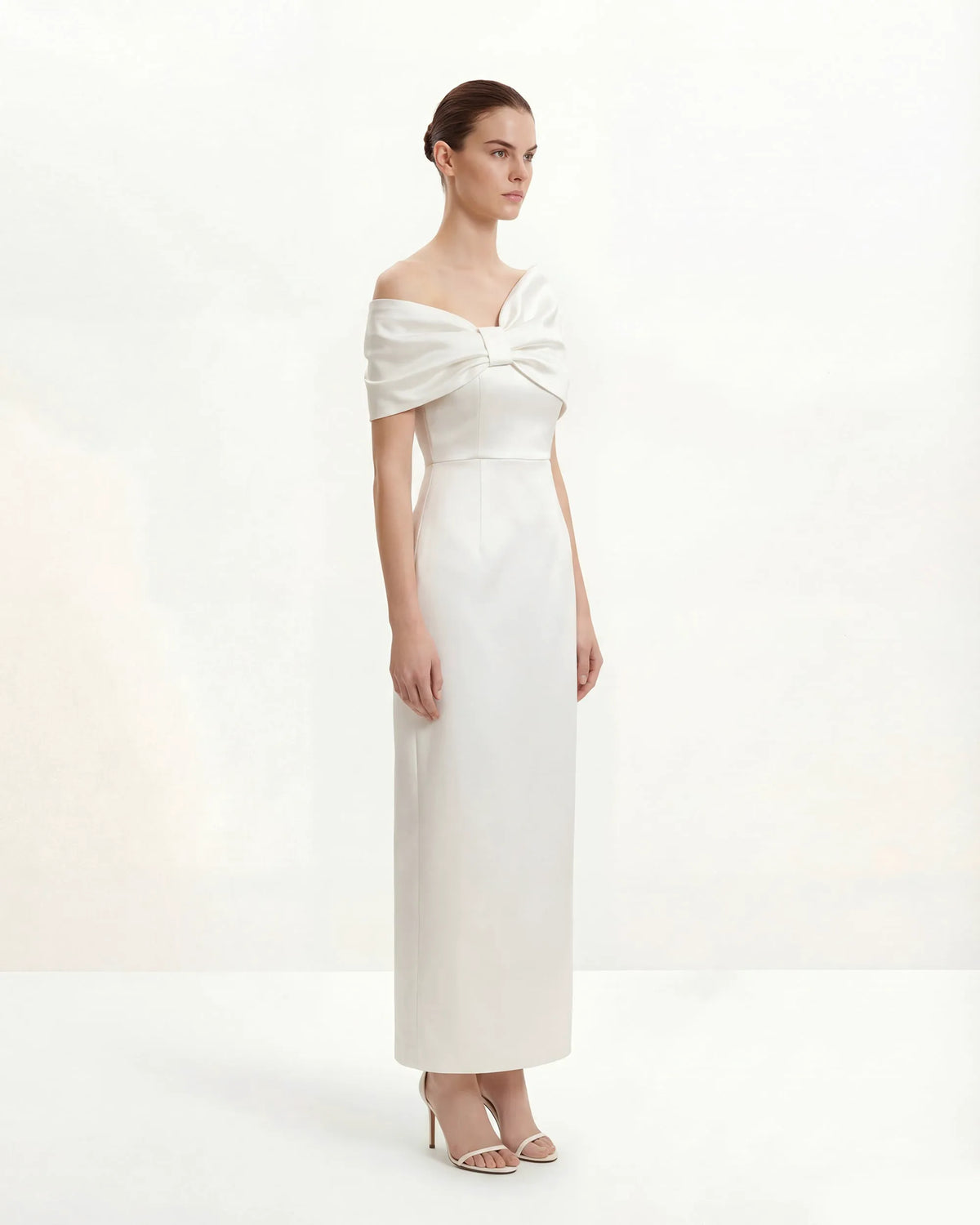 Satin Asymmetric Bow Maxi Dress - White