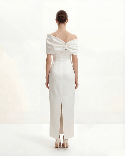 Satin Asymmetric Bow Maxi Dress - White