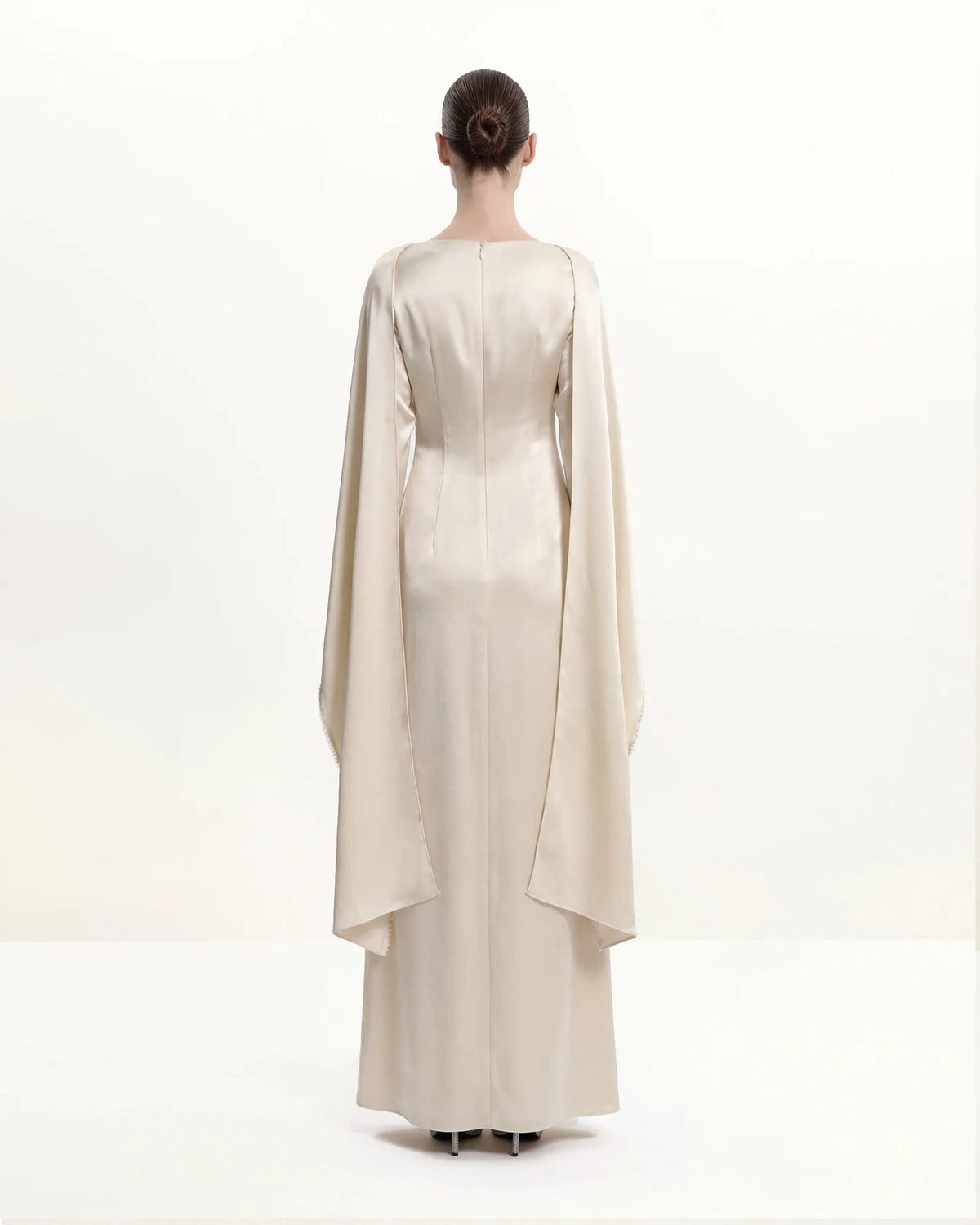 198Pearl-Trimmed Cape Sleeve Boat Neck Maxi Gown-Cream