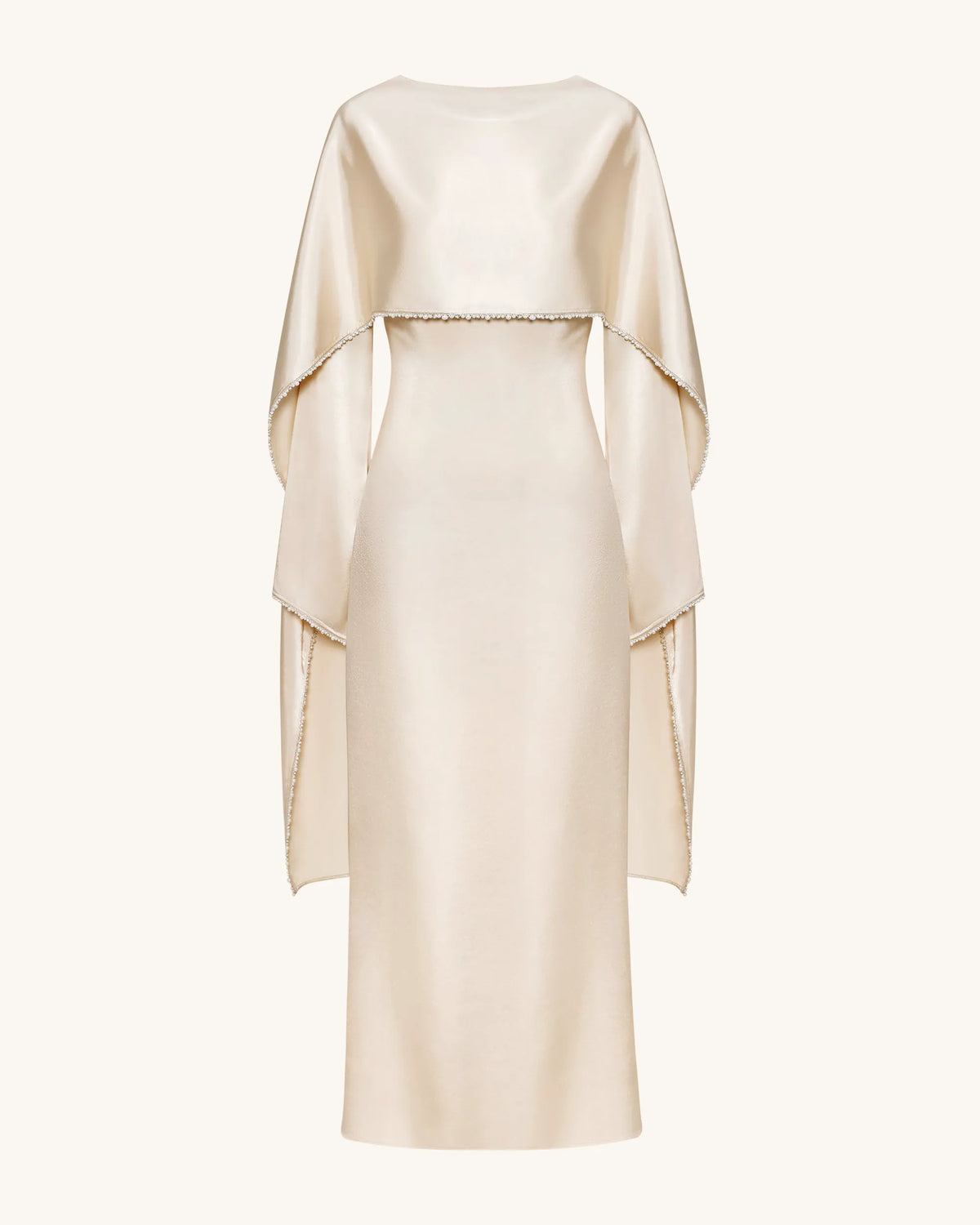 198Pearl-Trimmed Cape Sleeve Boat Neck Maxi Gown-Cream