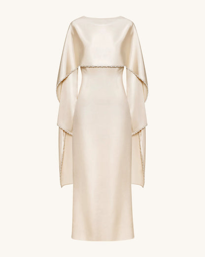 198Pearl-Trimmed Cape Sleeve Boat Neck Maxi Gown-Cream