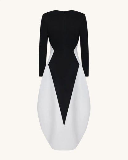 Monochrome Paneled Plunging V-Neck Long-Sleeve Maxi Dress - Black
