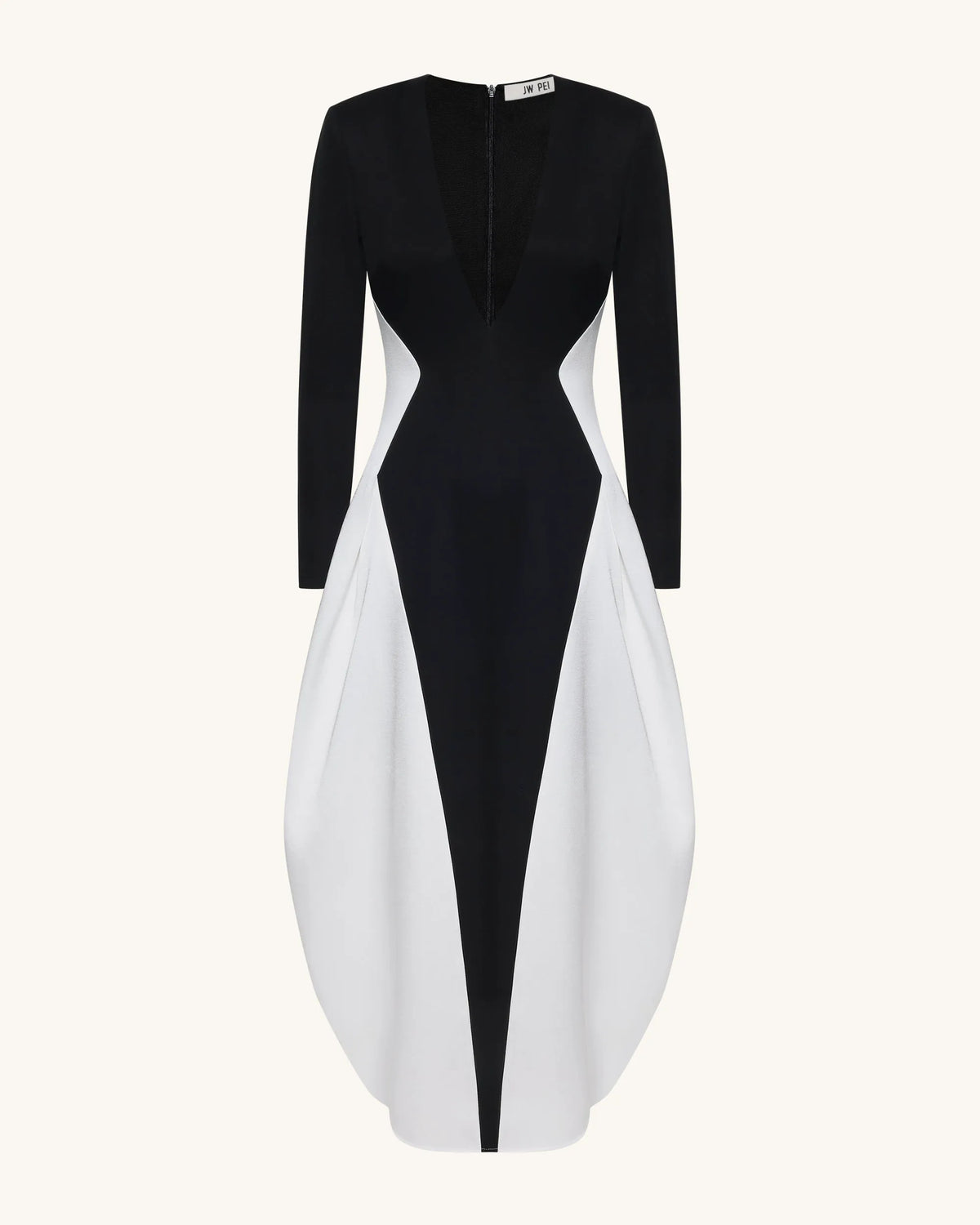 Monochrome Paneled Plunging V-Neck Long-Sleeve Maxi Dress - Black