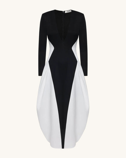 Monochrome Paneled Plunging V-Neck Long-Sleeve Maxi Dress - Black