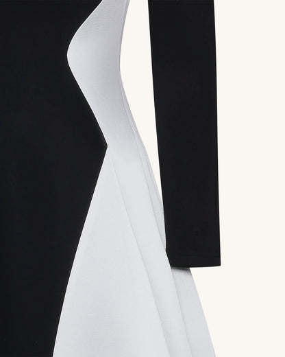 Monochrome Paneled Plunging V-Neck Long-Sleeve Maxi Dress - Black