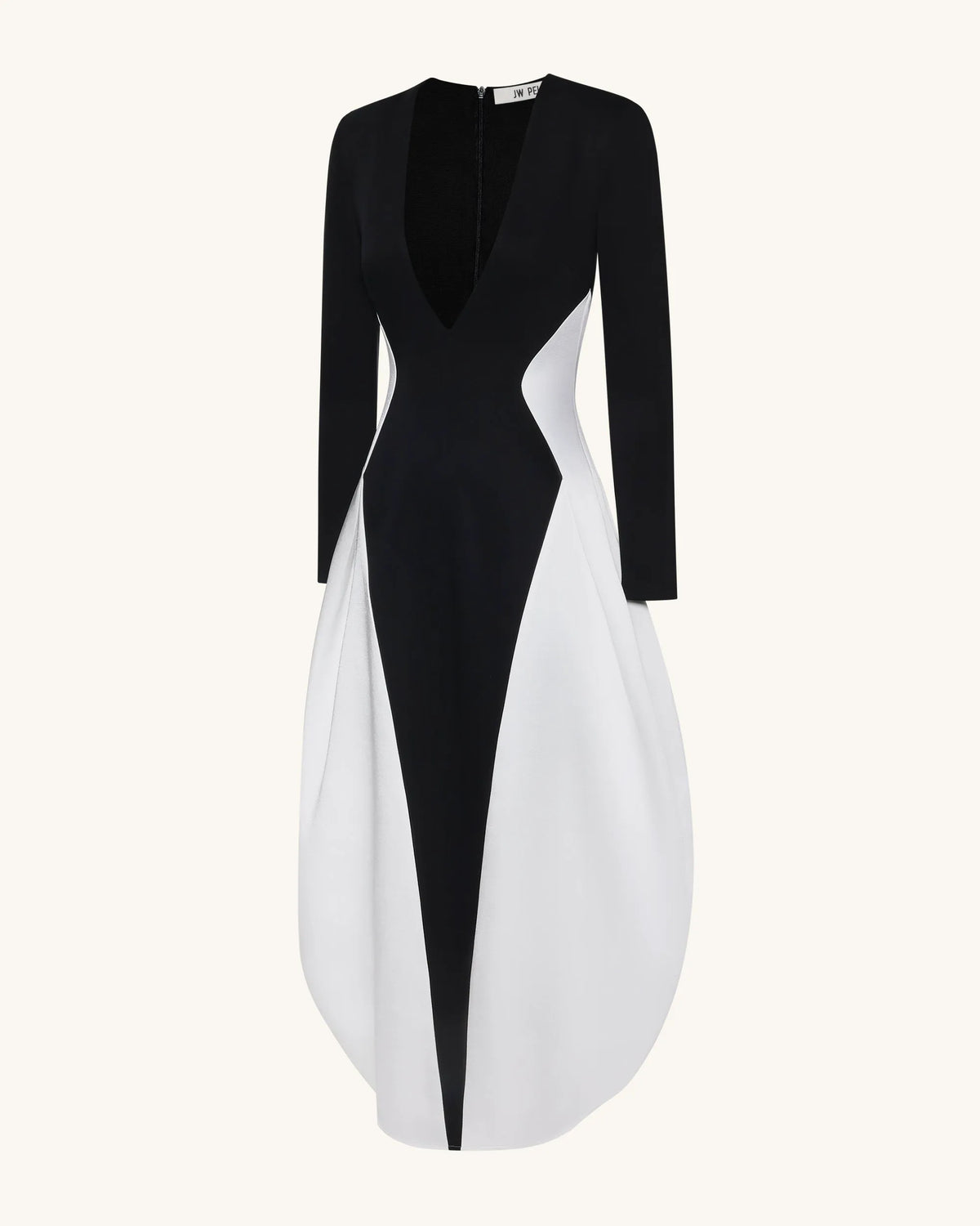 Monochrome Paneled Plunging V-Neck Long-Sleeve Maxi Dress - Black