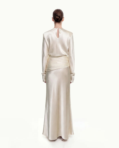 Satin-Feel Draped Maxi Skirt - Cream