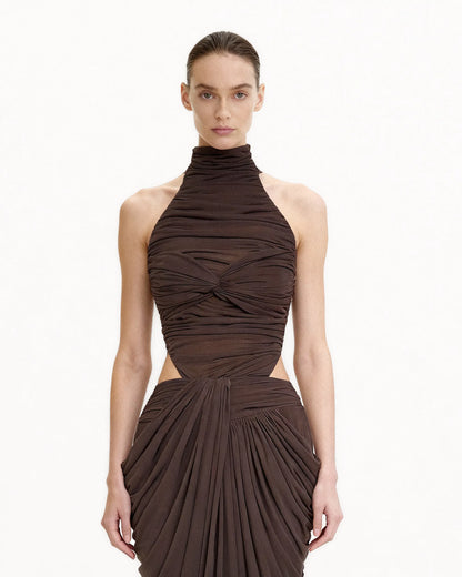 Ruched Twist-Front Halter Bodysuit - Brown