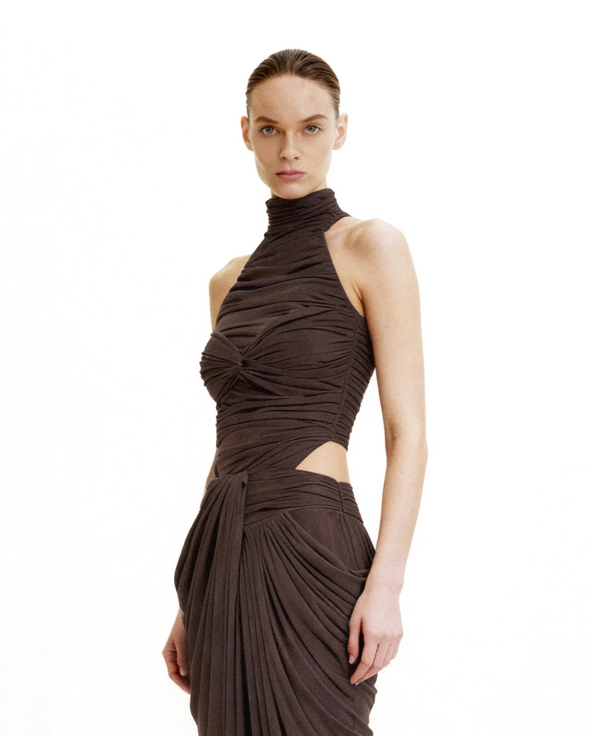 Ruched Twist-Front Halter Bodysuit - Brown