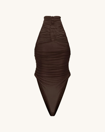 Ruched Twist-Front Halter Bodysuit - Brown