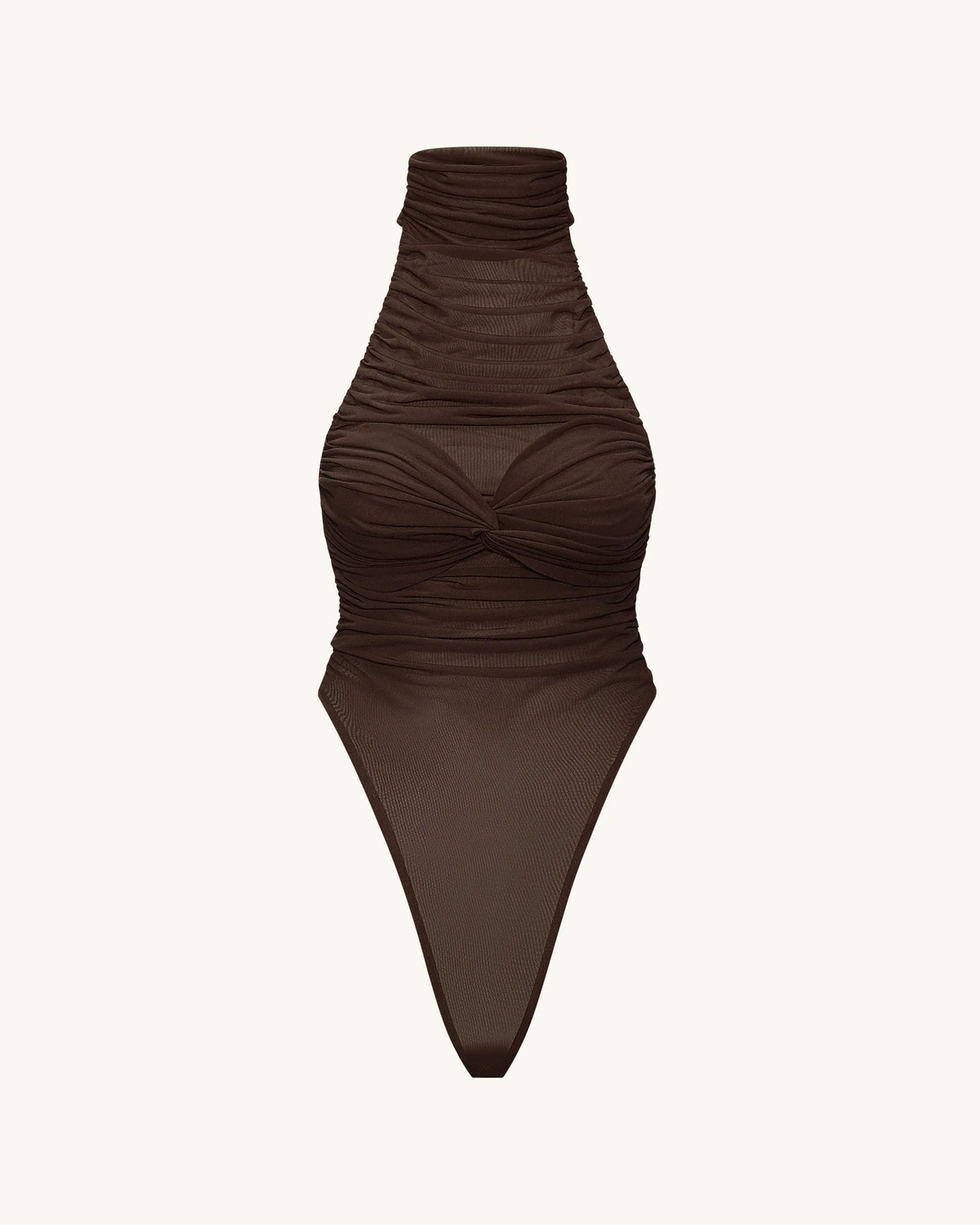 Ruched Twist-Front Halter Bodysuit - Brown