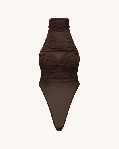 Ruched Twist-Front Halter Bodysuit - Brown
