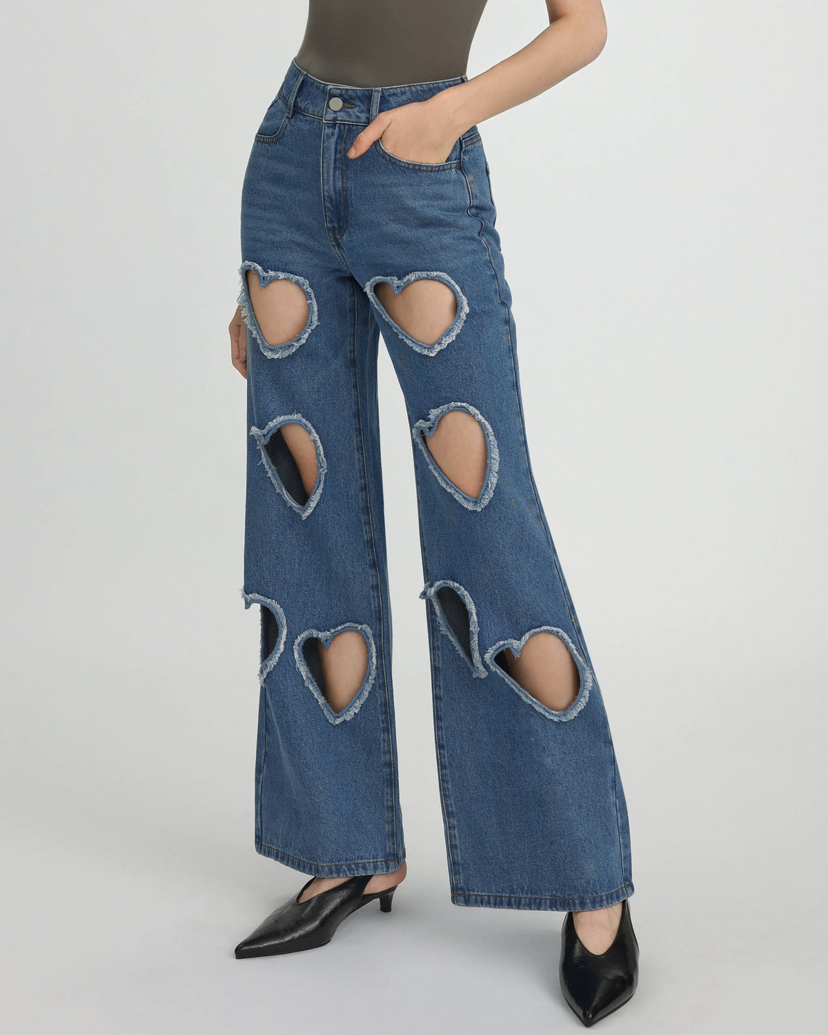 Sophia Embellished Heart Cut-Out Denim Jeans - Medium Blue