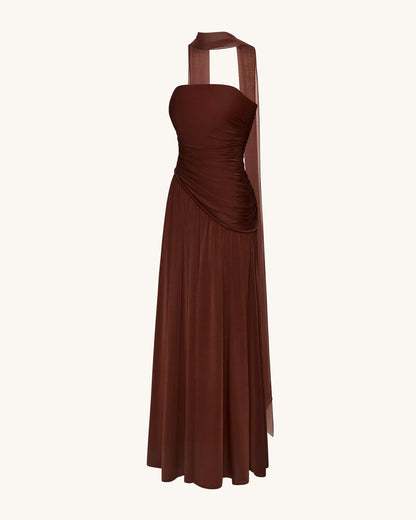 Ruched Panel Strapless Maxi Dress - Brown