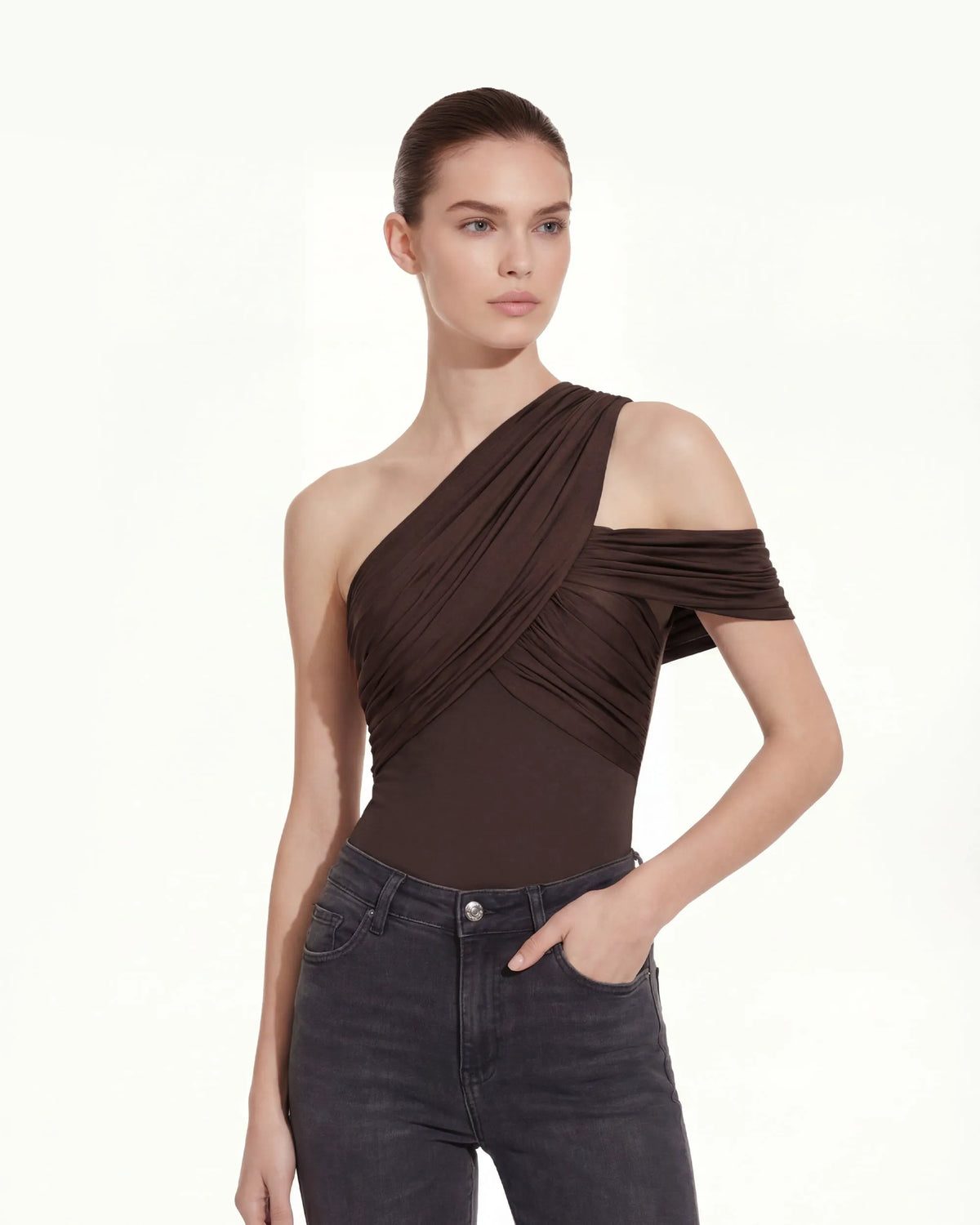 Ruched Asymmetric One-Shoulder Top - Brown
