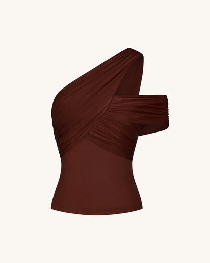 Ruched Asymmetric One-Shoulder Top - Brown