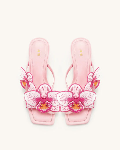 Serena Orchid Embroidered Toe Ring Heeled Sandals - Baby Pink