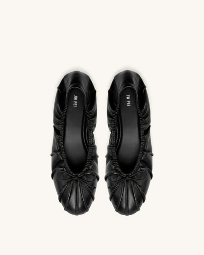 Solenne Ruched Drawstring Ballet Flats - Black