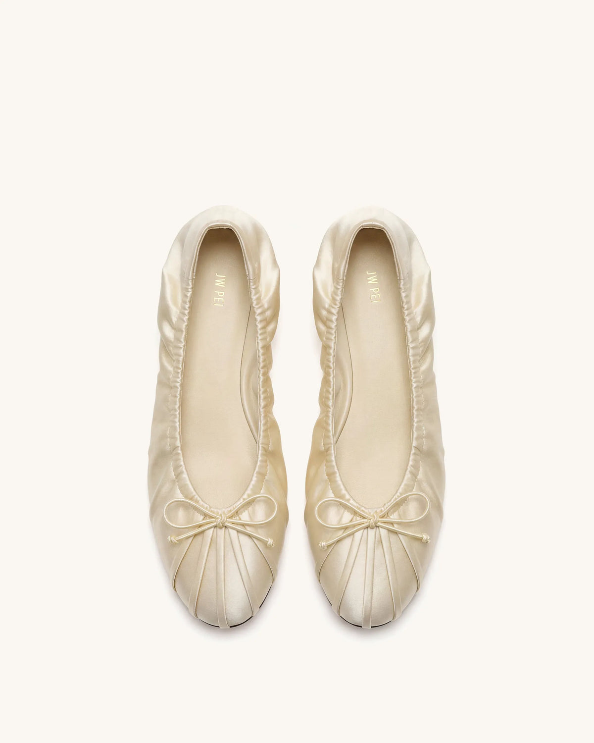Solenne Ruched Drawstring Satin Ballet Flats - Beige