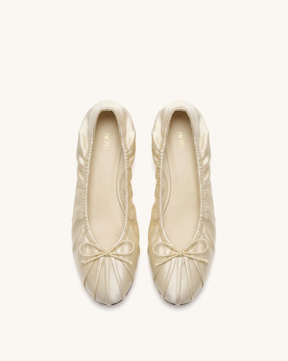 Solenne Ruched Drawstring Satin Ballet Flats - Beige