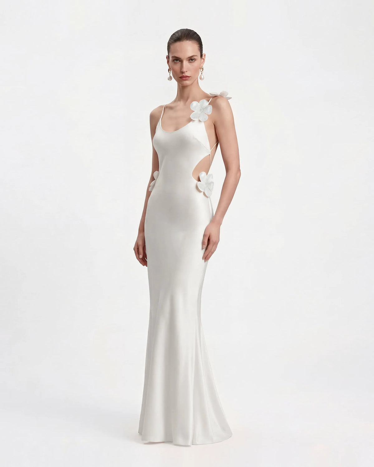 3D Floral Appliqué Satin Dress - White