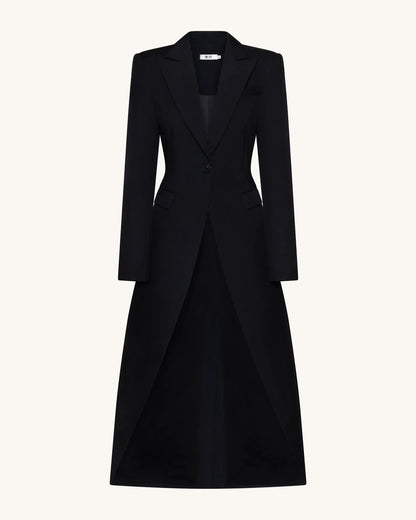 Structured Peak-Lapel Cutaway Maxi Blazer - Black