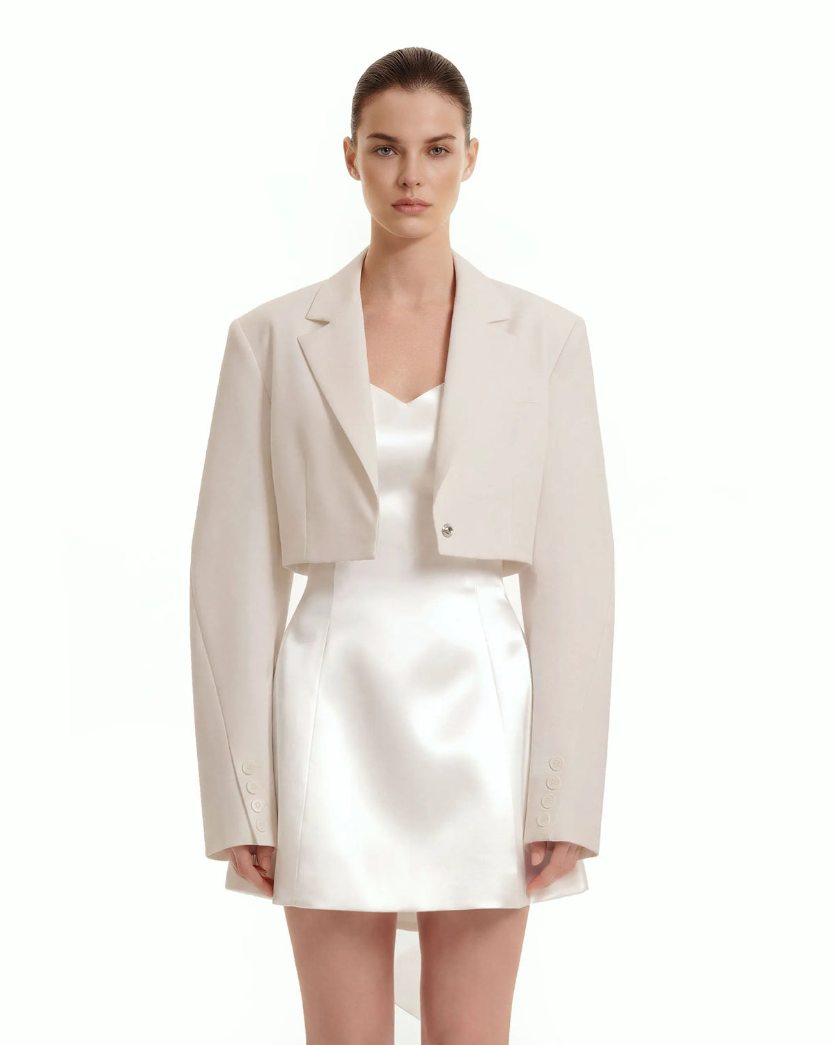 Structured Power-Shoulder Cropped Blazer - Beige